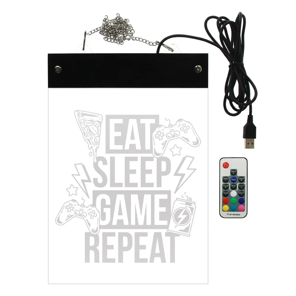 Eat Sleep Game Repeat LED Lamp Wall Sign Gamers Boy Room Lighting Wall Art Rectangle Hanging Board Gaming Electric Display Sign