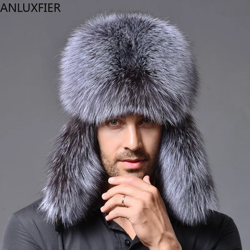 H7183 Men Winter Bomber Hat Adult Male Fluffy Imitation Fox Fur Thickened Cap Warm Ear Protection Russian Outdoor Windproof Caps