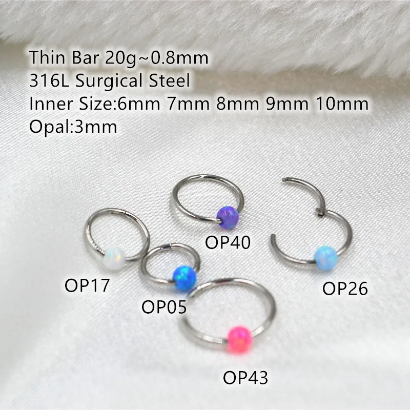 10pcs Thin Bar 20G 316L Surgical Steel Seamless Hinged Segment Opal Nose Clicker Hoop Septum Ear Rook Cartilage  Body Piercing