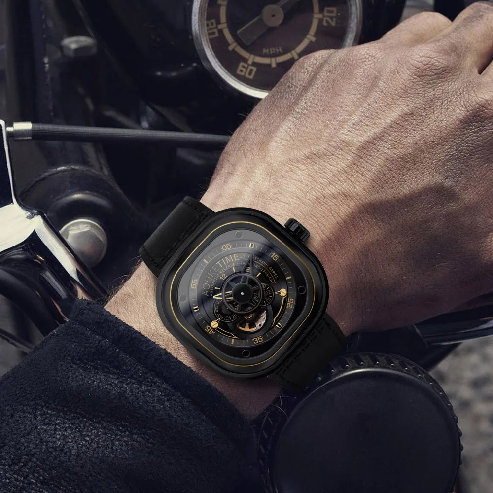 orologio da polso da uomo, orologi automatici da uomo AOUKE orologio da polso meccanico di moda da uomo di lusso cinturino in pelle relogio scheletrato impermeabile