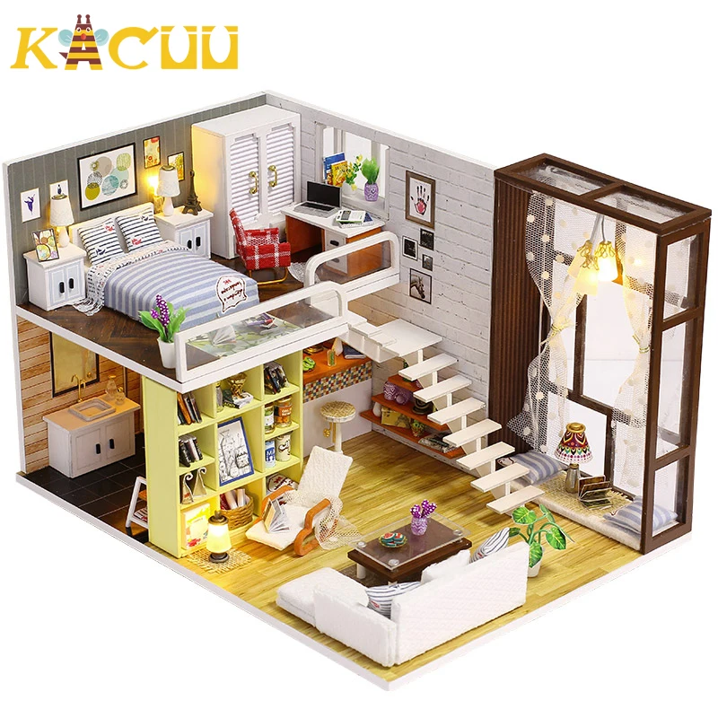 Simple City Doll House Furniture DIY Miniature Model With Dust Cover 3D Wooden Dollhouse Birthday Gifts Toys For Children Casa