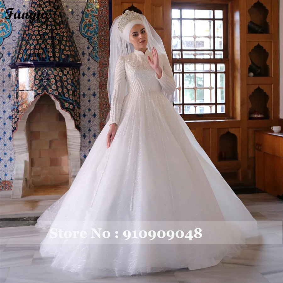 Robe de Mariée Musulmane de Luxe, Manches sulf, Col Haut, Perles Faites à la Main, Tulle Blanc, Patients, Robe de Bal avec Voiles