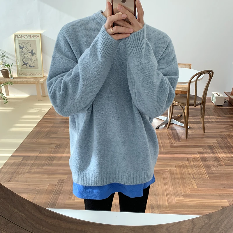 

Winter men's thick warm knit sweater Korean style loose leisure all-match lazy style sweater trend round neck bottoming shirt