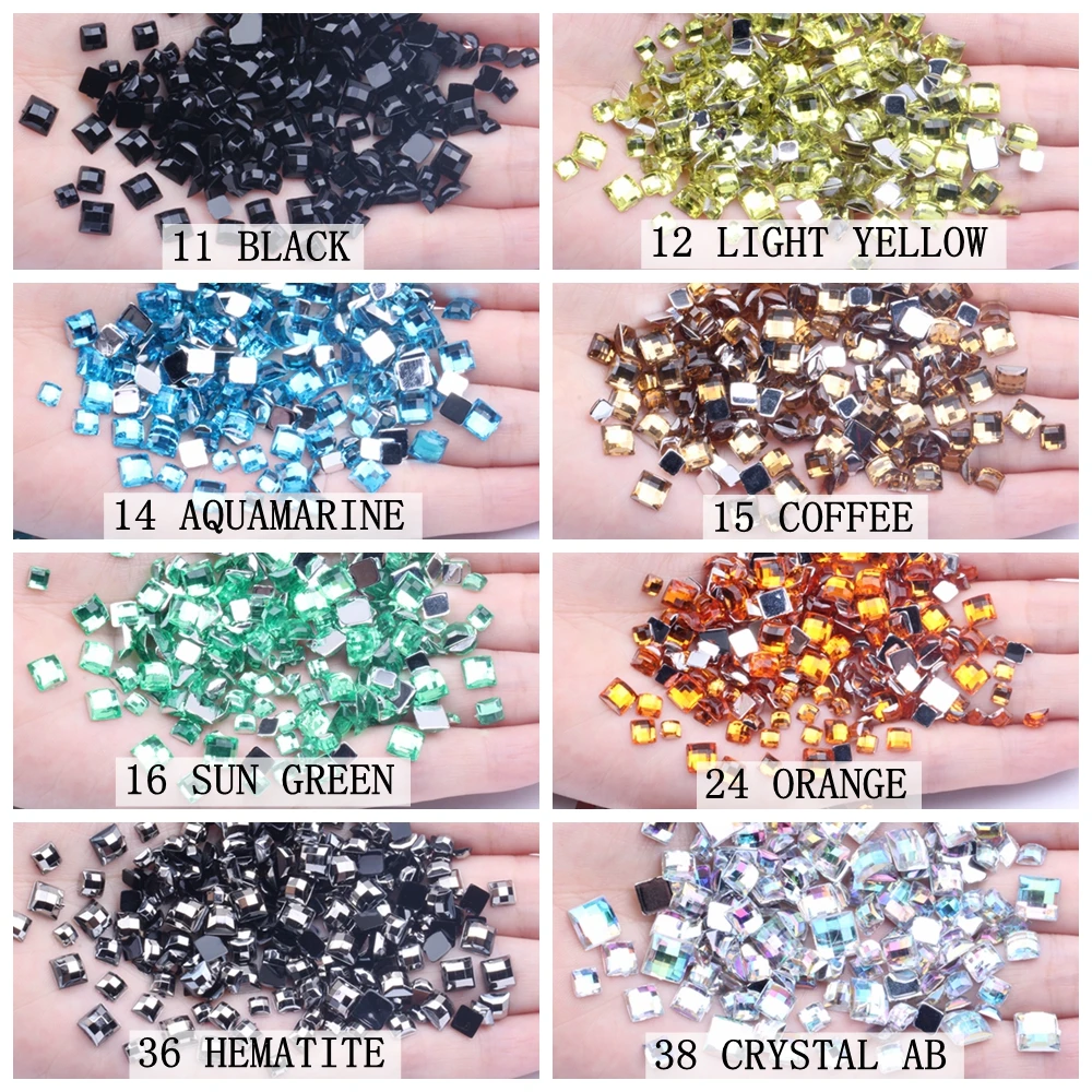 Acrilico Strass Forma Quadrata 8 millimetri Flatback Terra Sfaccettature Molti Colori Colla Su Beads Posteriore Piana FAI DA TE Chiodo Decorazione