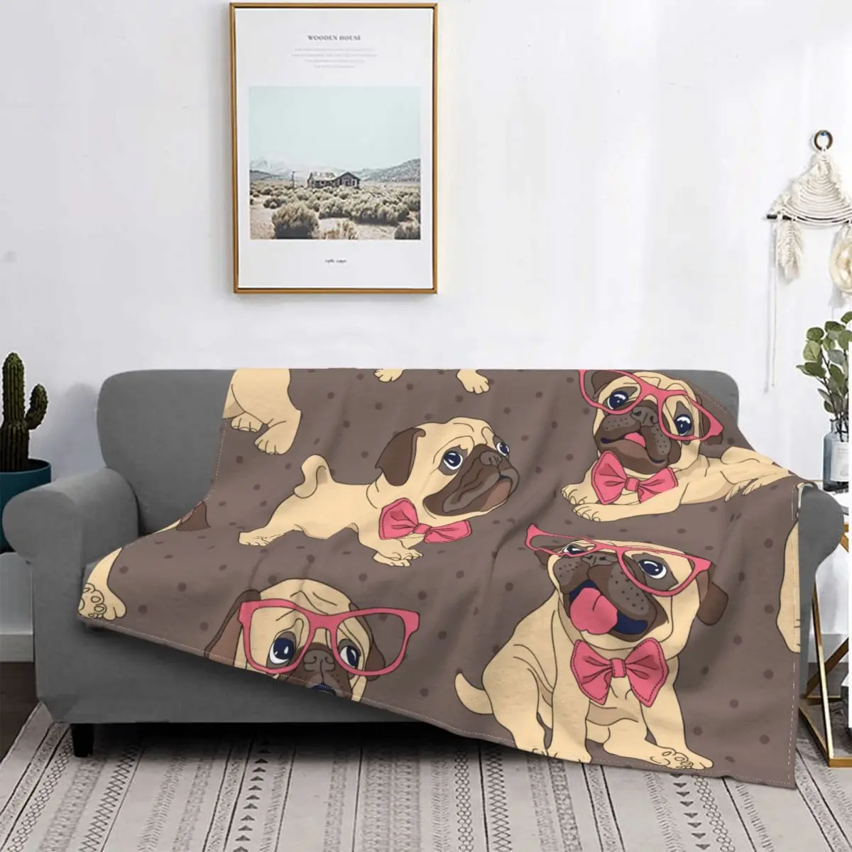 

Cartoon Pug Puppy In A Glasses Blankets Velvet Print Dog Lover Ultra-Soft Throw Blankets for Bedding Outdoor Bedding Throws