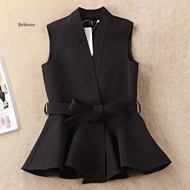 Black Belted Vest Women Spring Casual Colete Femme  Fashion women shawl collar solid suit Waistcoat female Casual Vest