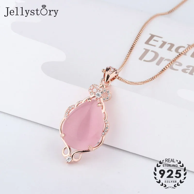 Jellystory Trendy Silver 925 Jewelry Necklace with Water drop shape Pink rose quartz zircon gemstones Pendant for Women Wedding