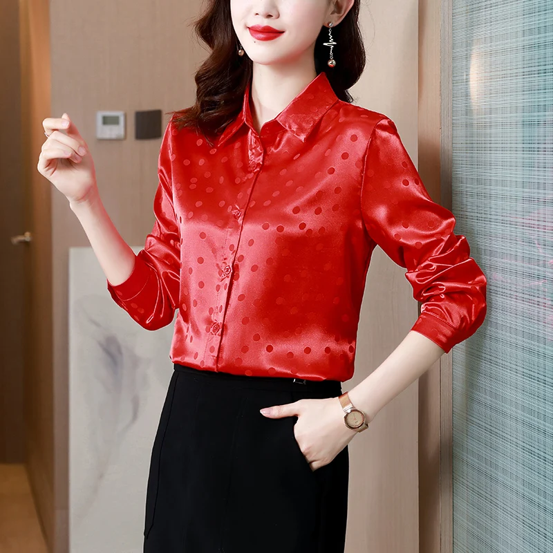 Polka Dot Satin Silk Blouse Women\'s Shirt Elegant Office Ladies Work Shirt Spring Autumn Long Sleeve Silk Tops Female Clothes