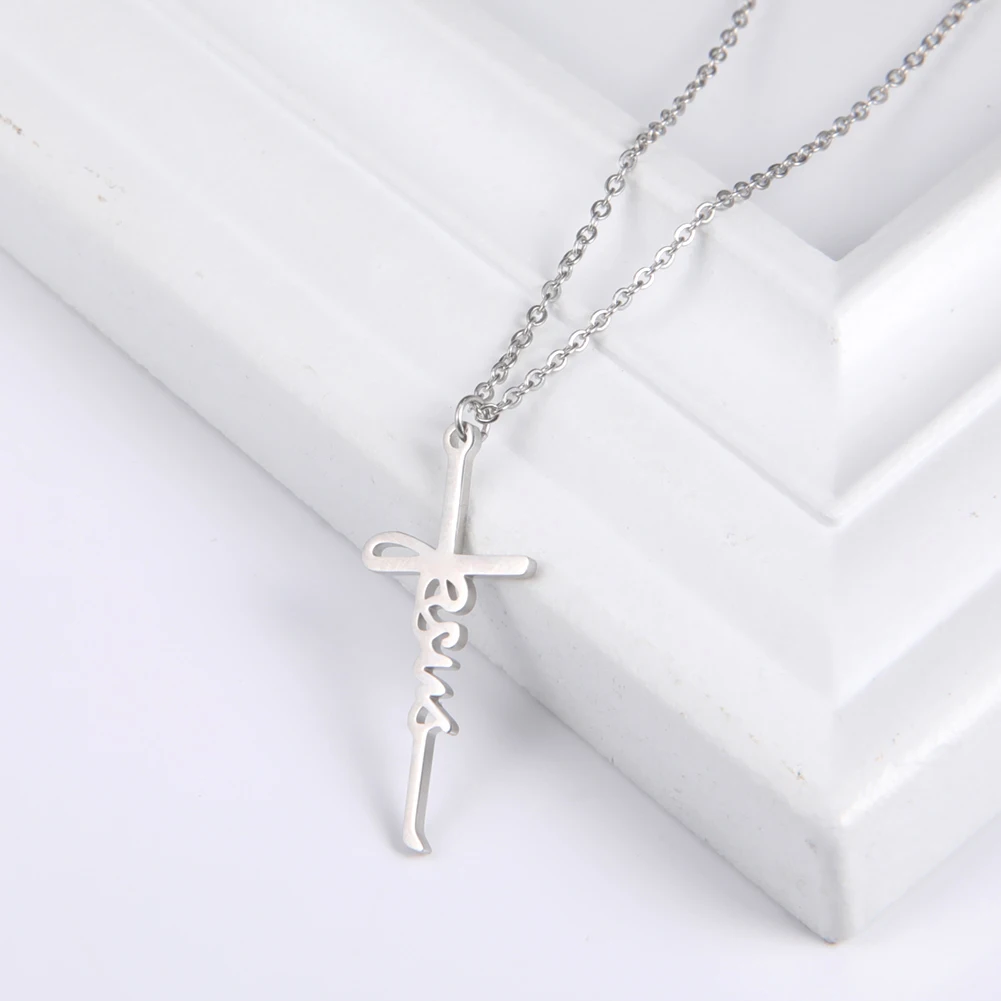 Skyrim Jesus Cross Pendant Necklace for Women Men Stainless Steel Neck Chains Religious Christian Savior Faith Jewelry Gifts