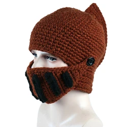 Unisex Autumn Crochet Knitted Roman Knight Helmet Beanie Hat Solid Color Barbarian Earflap Skullies Cap with Removable Gladiator