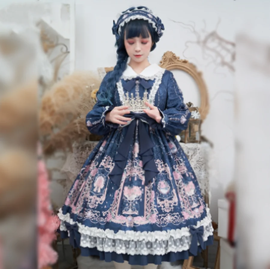 Kawaii ragazza gothic lolita op Dolce vestito dalla principessa lolita retro del merletto di bowknot del collare del peter pan a vita alta stampa abito vittoriano