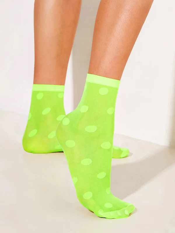 Neon Green Polka Dot Women Socks Transparent Ladies Mesh Socks Sexy Streetwear Harajuku Lovely Female Summer Short Ankle Socks