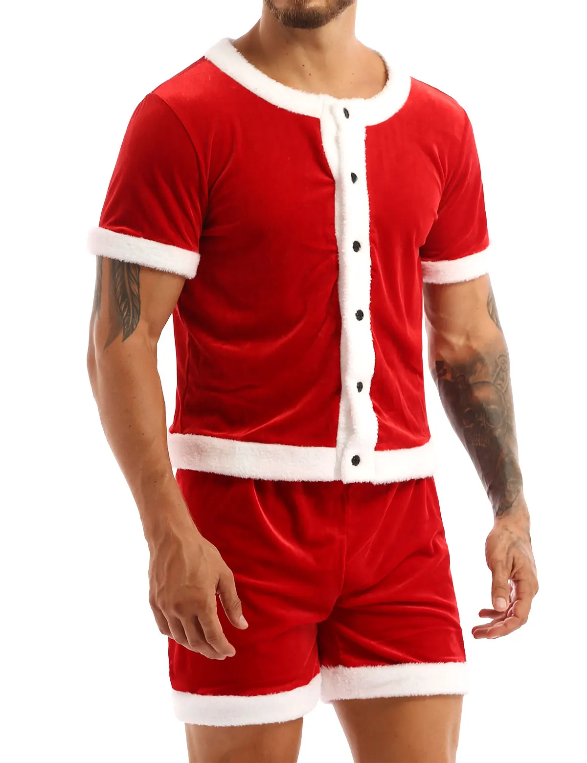 Men Soft Velvet Christmas Party Costume Fancy Dress Outfit Round Neck Short Sleeve Button Down Top and Shorts