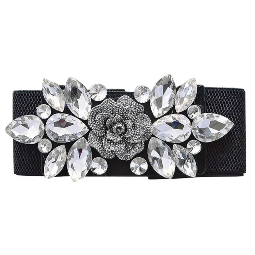 Women Belts Wedding Party Fashion Luxury Floral Buckle Rhinestone Elastic Wide Clinch Belt Waistband