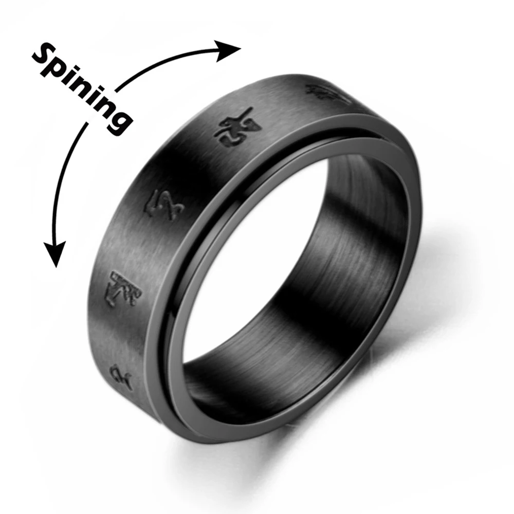 Anxiety Fidget Spinner Buddhism Mantra Rings 8mm Black Color Stainless Steel Spinning Rotating Ring for Men Women Jewelry Gift