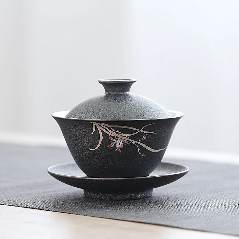 

Porcelain gaiwan black iron glaze tureen orchid pattern Chinese tea cup bowl set gaiwan set ceramic China tureen cup saucer lid