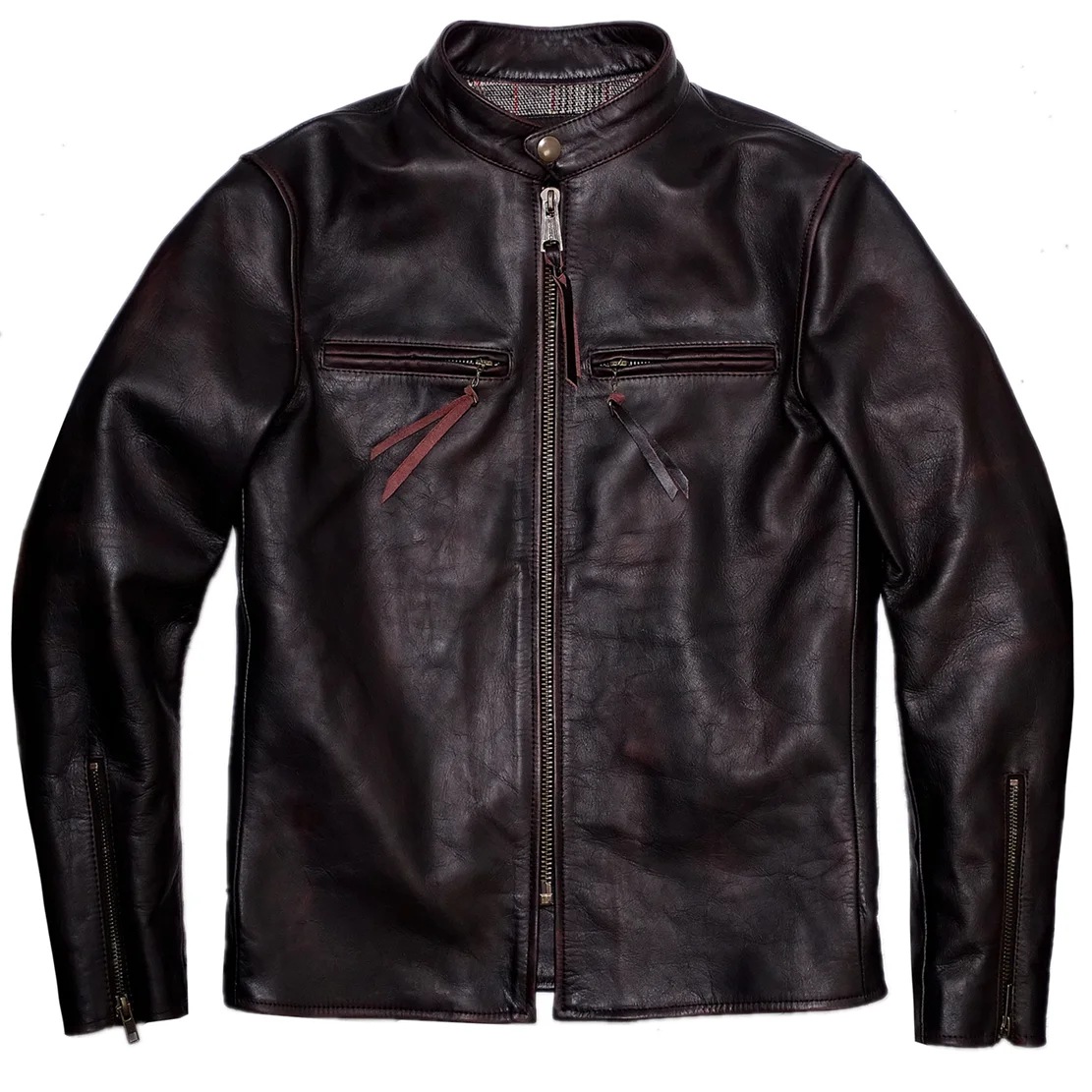 

Classic Motor Rider J100 Style Leather Jacket Quality Tea Core Horsehide Coat.Men Slim Short Vintage Leather Cloth