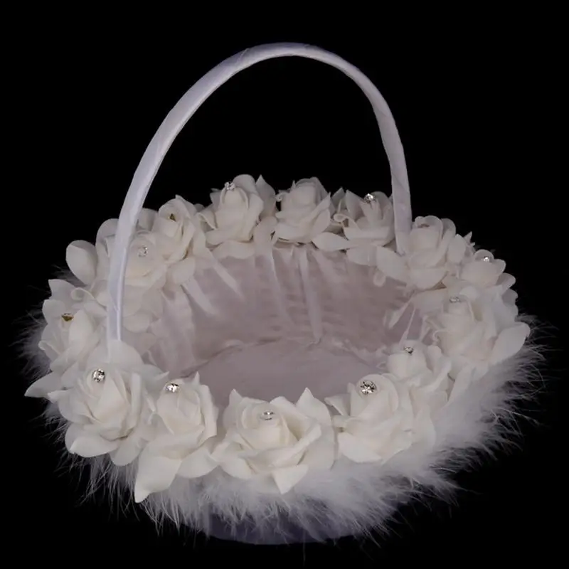 Rose Flower Girl Basket For Wedding Basket Decoration White Feather For Wedding Ceremony Party Decoration Bride