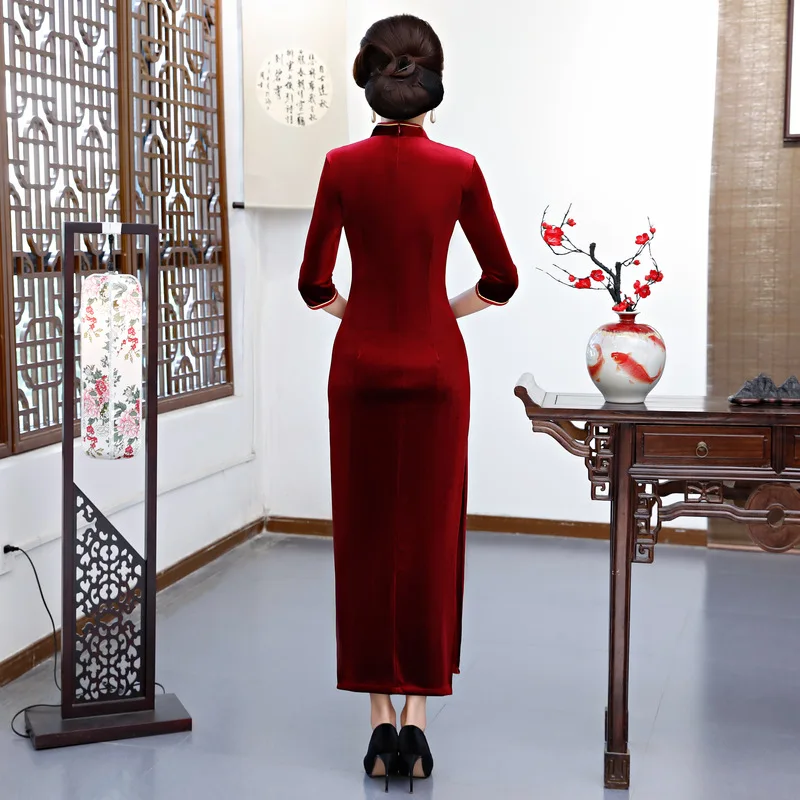 New Handmade Cheongsam Stretch Velvet Long Beaded Cheongsam Fashion Sequin Bead Mother Dress Classic Modern Qipao Платье