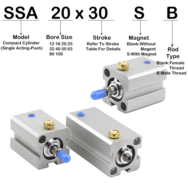 Hochwertiger SSA12 SSA16 Pneumatikzylinder, einfachwirkend, Schubkolben SSA12x5/10/15/20/25/30-B-S, Kompaktzylinder 12 16 – Detail 2