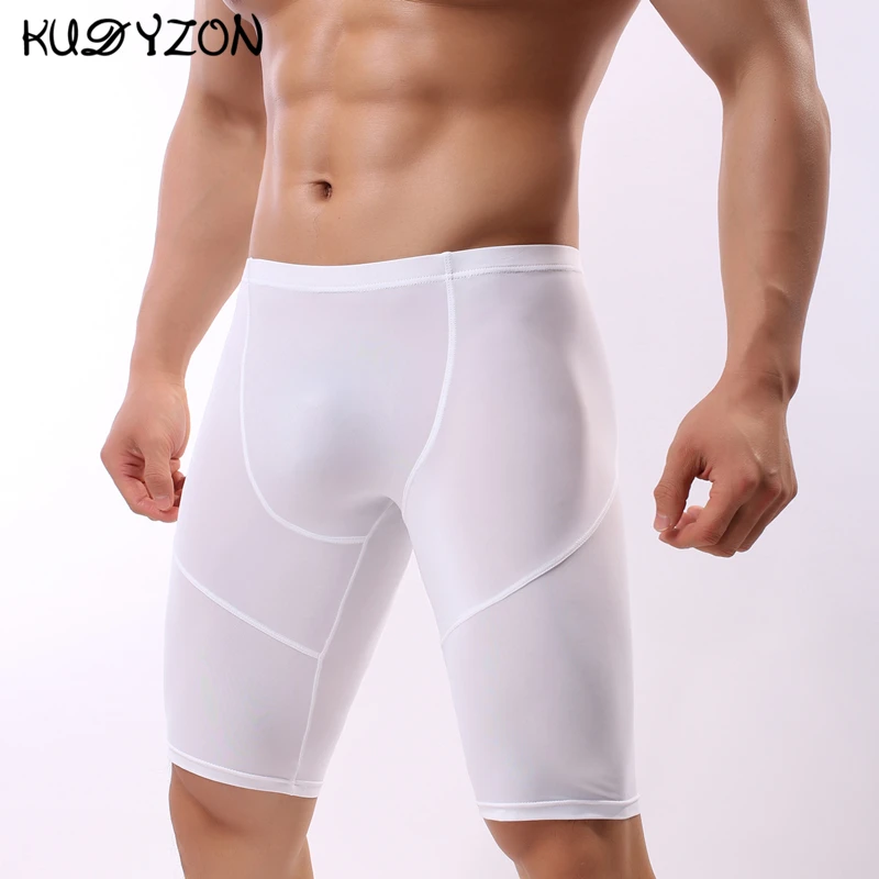 Gelo de seda de fitness longo boxer underwear masculino de secagem rápida boxer shorts de perna longa troncos cuecas sexy bolsa calcinha