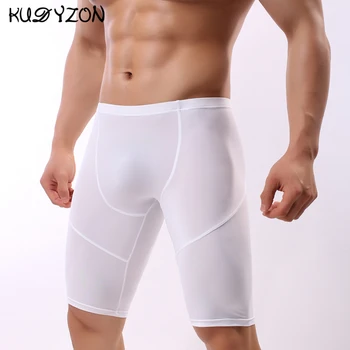 Boxer Long en soie glacée pour hommes, sous-vêtements à séchage rapide, caleçon à jambes longues, culotte à pochette Sexy