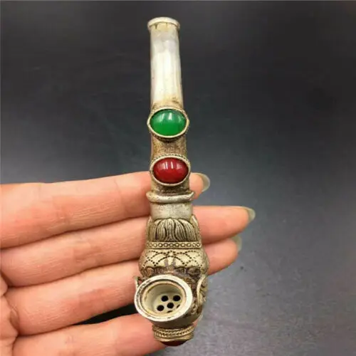 Antique Chinese Copper Bronze Smoking Pipe with Jade Inlay Featuring Dragon & Phoenix Artisanal Collectible Decorative Piece