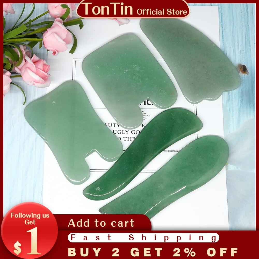 Tontin Natural Aventurine Aventur Jade Guasha Board Gree Stone Scraping  Tools V line Face Beauty Kit Healthcare