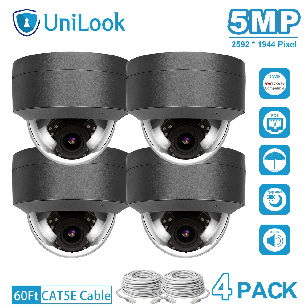 UniLook 5MP HD POE IP Video Camera 6 PCS In Package Outdoor Security Camera Built-in Mic IP66 IR 30m Hikvision Compatible H.265