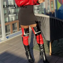 Spring Autumn Women Thigh High Boots Sexy Pointed Toe Stiletto High Heels Black&Red Faux Leather Over-the-knee Boots Women Shoes