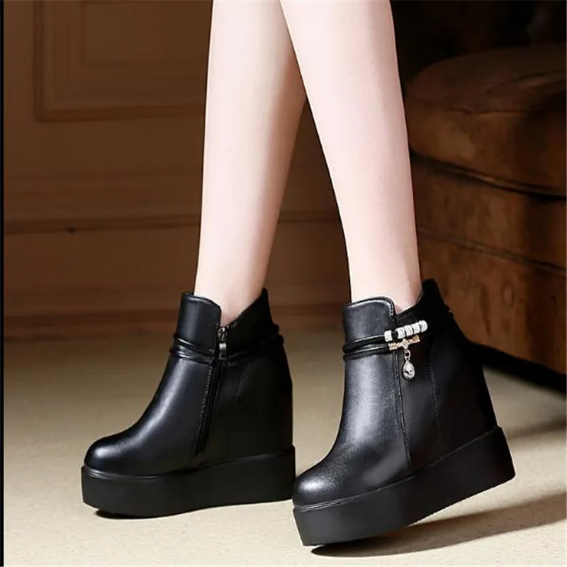 Platform Thick Bottom Shoes Woman Black White Ankle Boots Ladies Hidden Heel Casual Autumn Winter  Boots Ladies Shoes