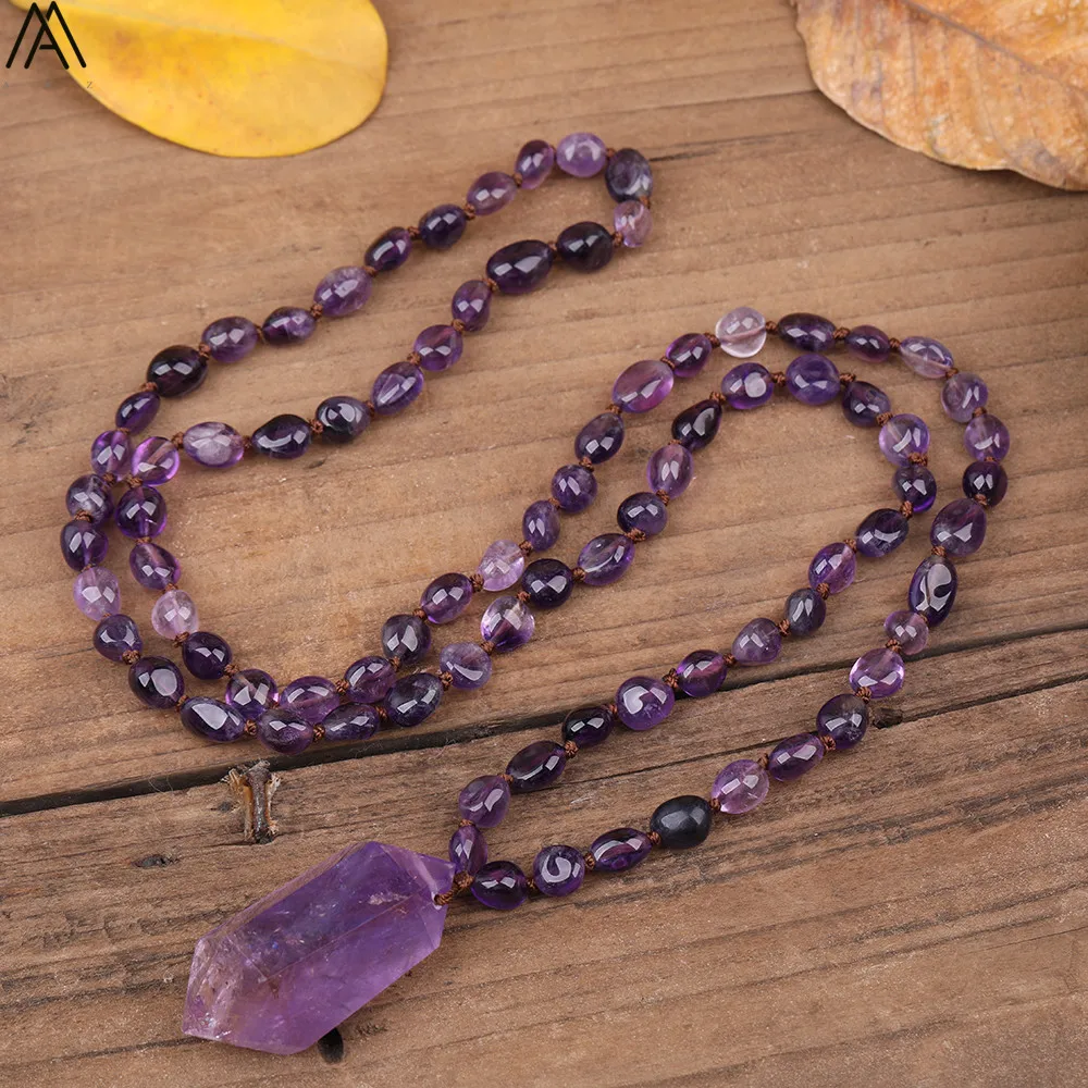 

Natural Amethysts Quartz Chip Beads Mala Necklace Women Double Stick Purple Quartz Point Knotted Handmade Necklace N0259AMDD