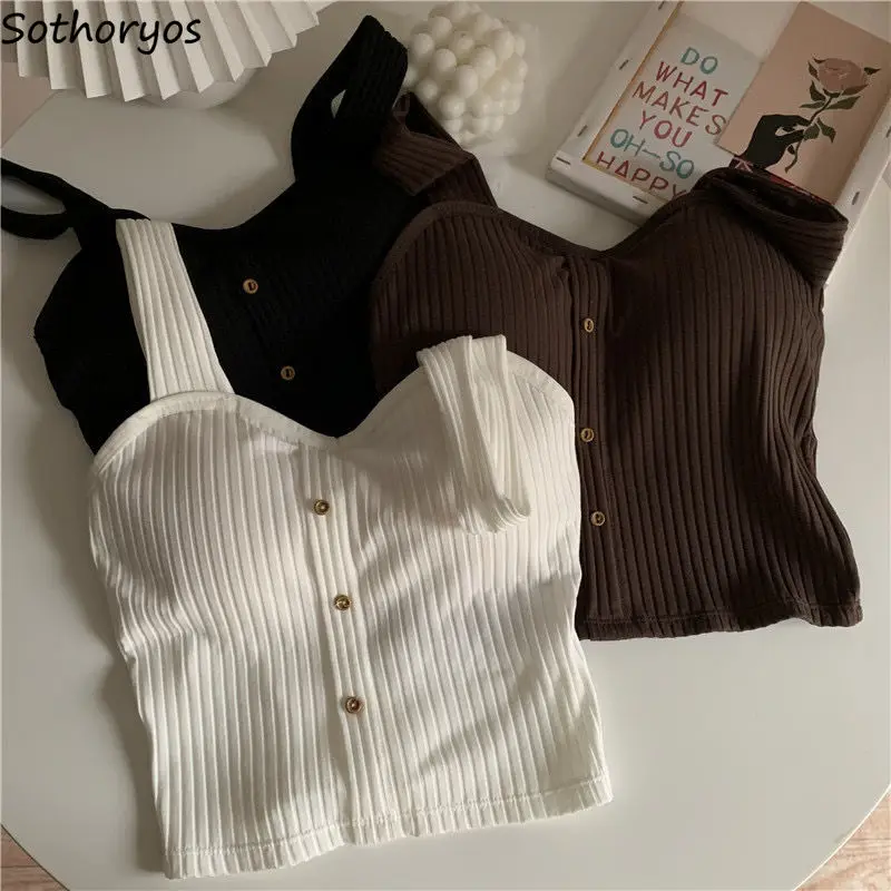 Frauen Weiß Tank Top Tasten Stretch Strick Crop Tops Sommer Fitness Schlank Camisoles Padded Mädchen Camis Sexy Ärmellose Kleidung