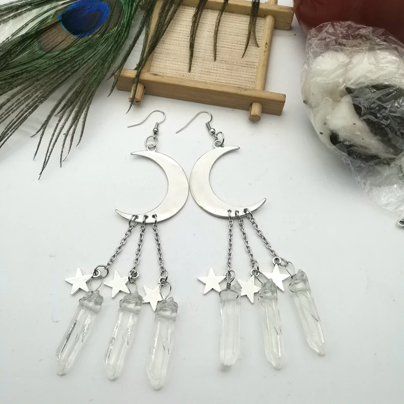 Crescent Moon Quartz Crystal Witchy Earrings, Gothic Mermaid Festival Wedding Occult Boho Crystal Accessories Jewelry Earrings