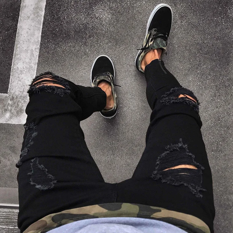 Man Black Ripped Jeans Casual Skinny Destroyed Frayed Hop Hop Zipper Denim Pants Men Fashion Stretch High Waist Jeans
