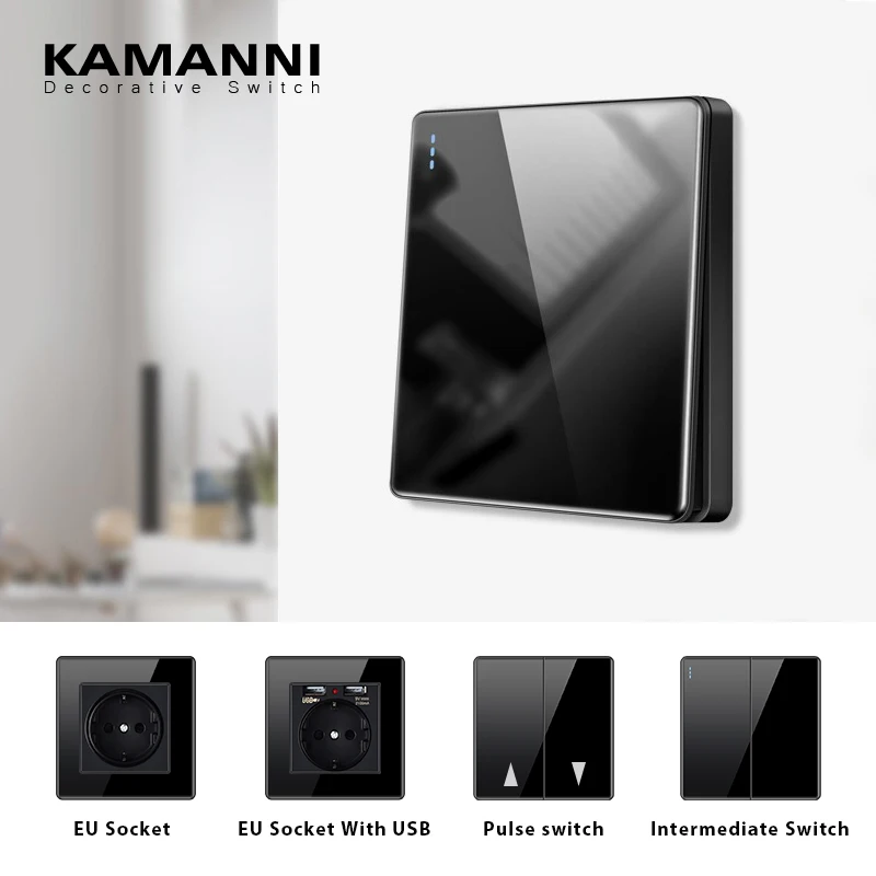 KAMANNI Luxury Light Switch General Standard Crystal Tempered Glass 2Gang 2 Way Switch Black Power Push Botton light Switch 220V