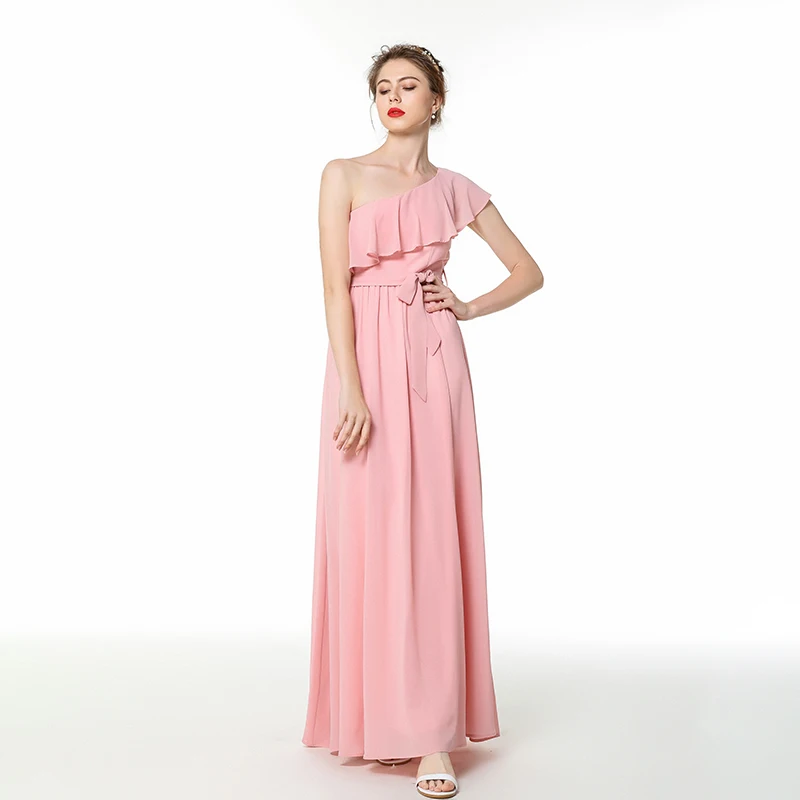 Rosa Chiffon Lange Brautjungfer Kleider 2019 Günstige Hochzeit Party Gast Kleid Elegant Eine Schulter robe demoiselle d'honneur