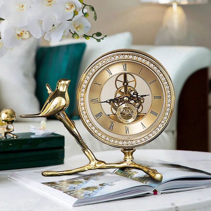 

Creativity Gilded Bird Table Clock European Vintage Golden Branches Animal Ornament Metal Rhinestone Desk Clocks Home Decoration