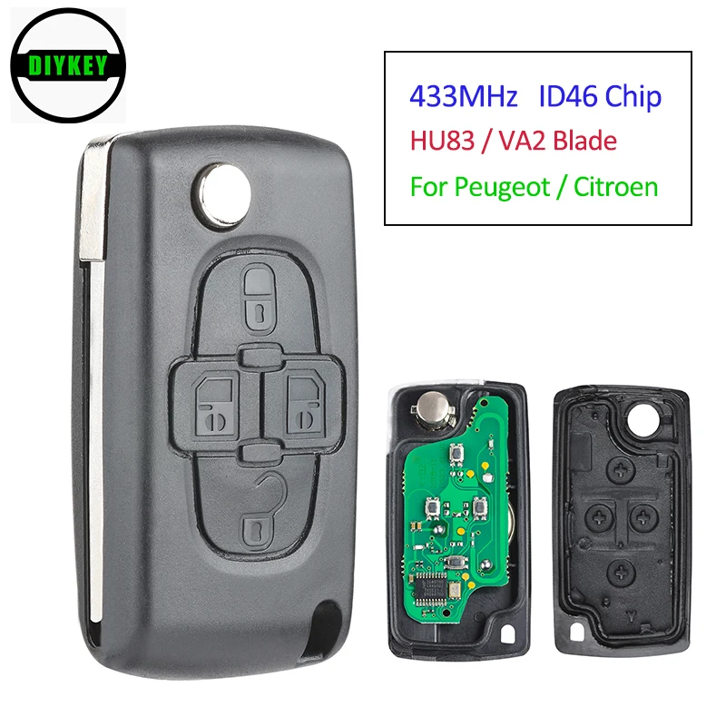 

DIYKEY Flip Remote key 4 Button ASK 433MHz PCF7961A ID46 Chip for Peugeot 1007 for Citroen C8 HU83 / VA2 Blade