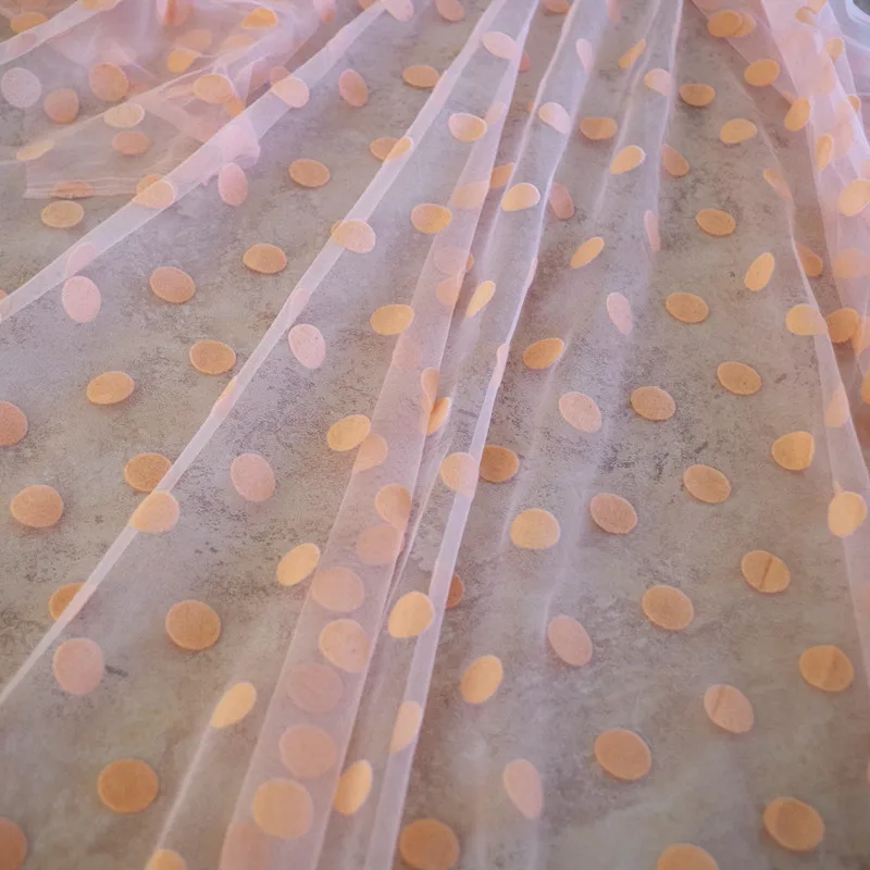 5 yards Peach Pink Polka Dot Tulle Fabric Flocked Polka Dot Tulle Soft Tulle Fabric With Flock Dots Velvet Dots Fabric Mesh