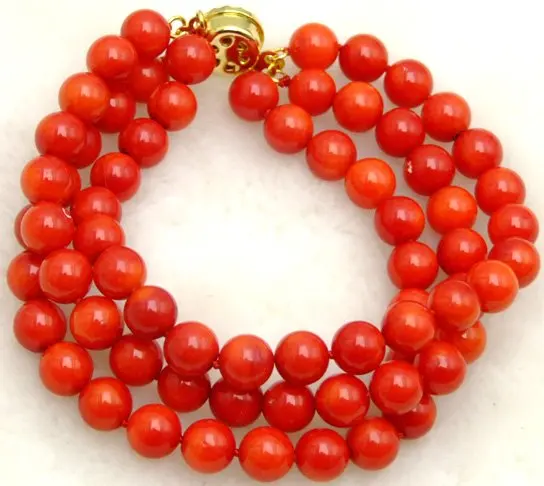 Qingmos 6-7mm Round Natural Red Coral Bracelets for Women with Genuine 3 Strands Coral Stone Bracelet  7.5