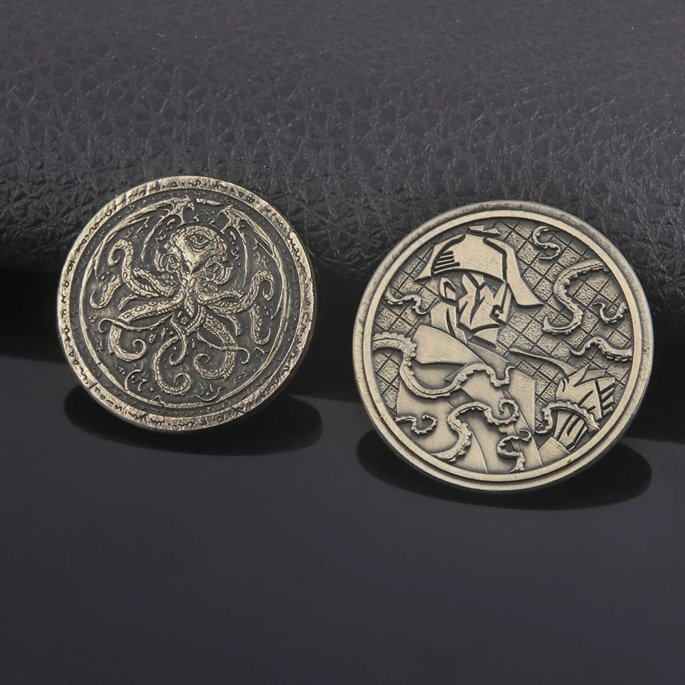 Cthulhu Emblem Hunter Metal Coin Two Sides Allan Poe Demon Steampunk Octopus Keychain For Men Collection Gift Jewelry