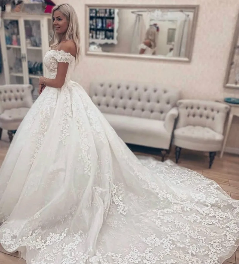 JIERUIZE White Full Appliques Ball Gown Wedding Dresses Off Shoulder Lace Up Back Bridal Gown Bride Dresses vestido de noiva