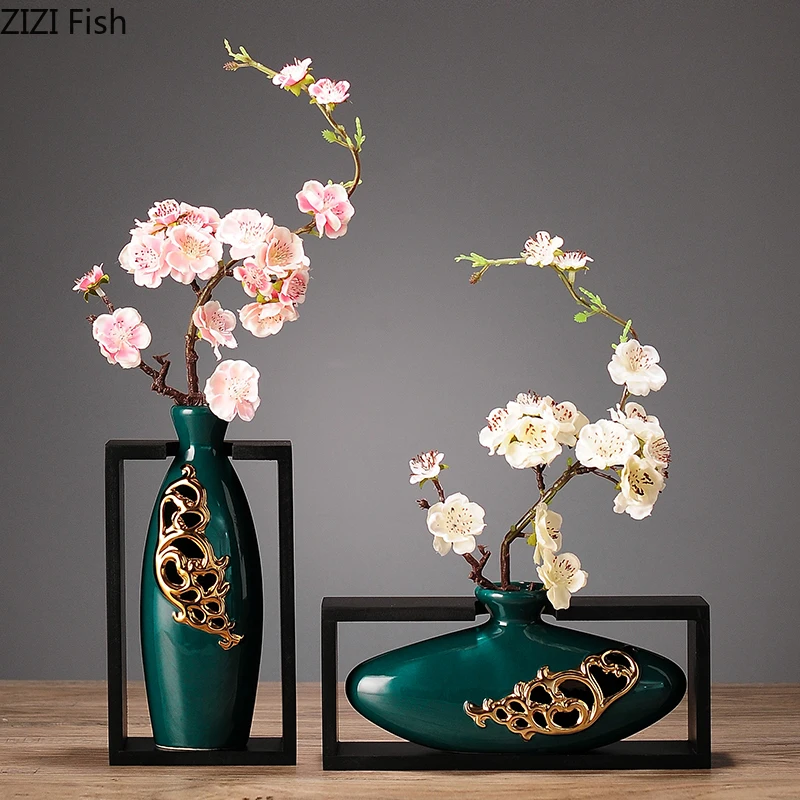 Ceramic Vase Chinese Flower Arrangement Frame Hollow Golden Vase Handicraft Furnishings Modern Home Decoration Accessories