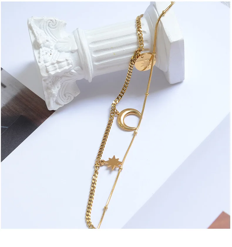 Titanium Layered Snake Chain Moon Star Necklace Women Stainless Steel Jewelry OL Designer T Show Runway Boho Japan Korean