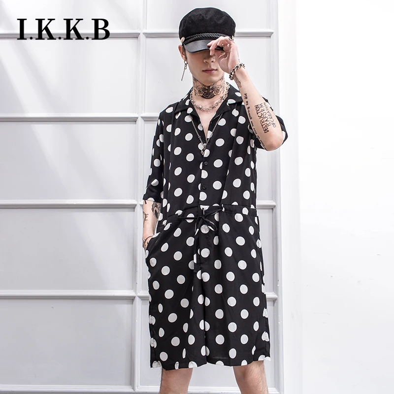 Hip-hop Youth Club hip-hop performance loose jumpsuit black and white POLKA DOTS shorts short-sleeved Summer Lapel lovers