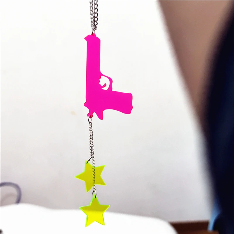 Gun And Stars Super Long Pendant Necklace for Women Men Tassel Silver Color Link Chain Hot Pink Green Punk Rock Acrylic Jewelry