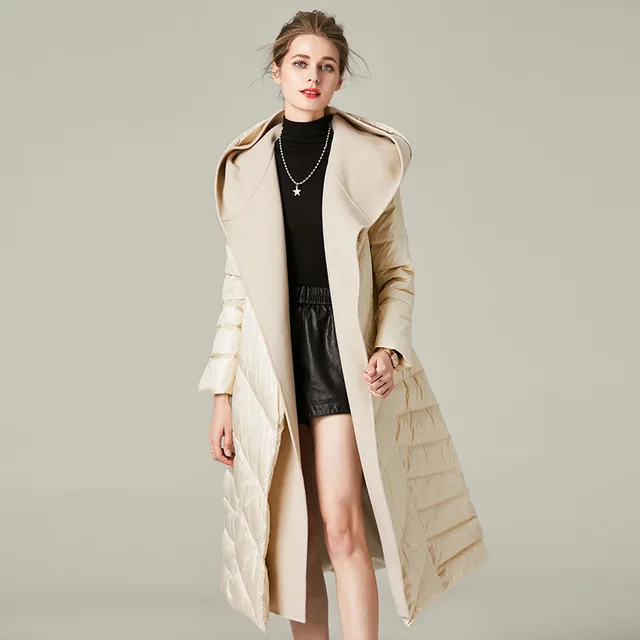 Fake two pieces natural mink cashmere wool stitching real white duck down coat female hooded thicker long warm down parkas F668