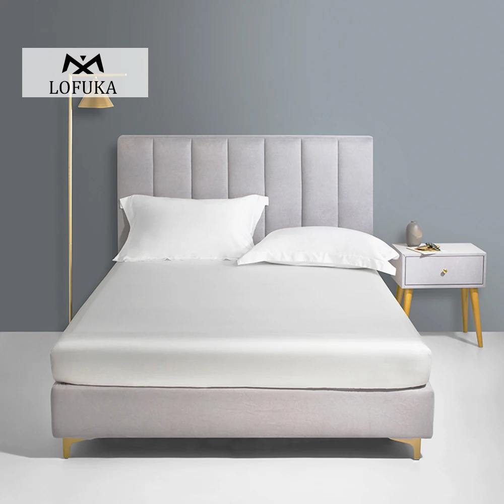 Lofuka Noble White 100% Silk Fitted Sheet Beauty Queen King Bed Sheets With Elastic Band Mattress Cover Pillowcase For Women Men