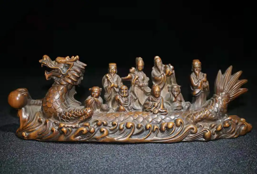 

Antique old collection Boxwood Carving statue---Eight Immortals Dragon Boat, Free Shipping